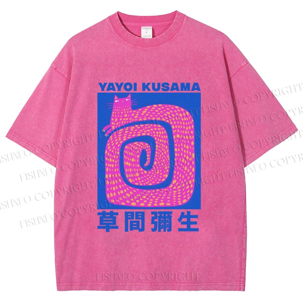 Unisex Yayoi Kusama Pink Cat in Circle Printed Washed Tee