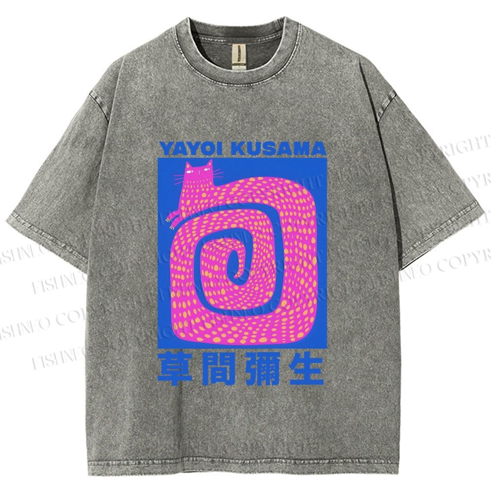 Unisex Yayoi Kusama Pink Cat in Circle Printed Washed Tee
