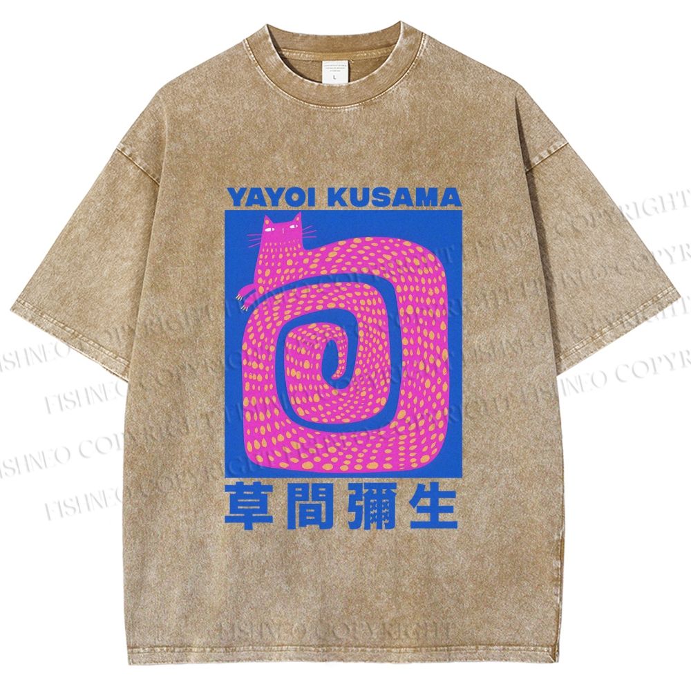 Unisex Yayoi Kusama Pink Cat in Circle Printed Washed Tee