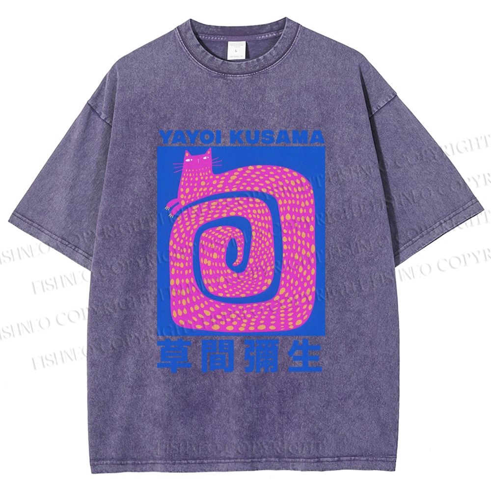 Unisex Yayoi Kusama Pink Cat in Circle Printed Washed Tee