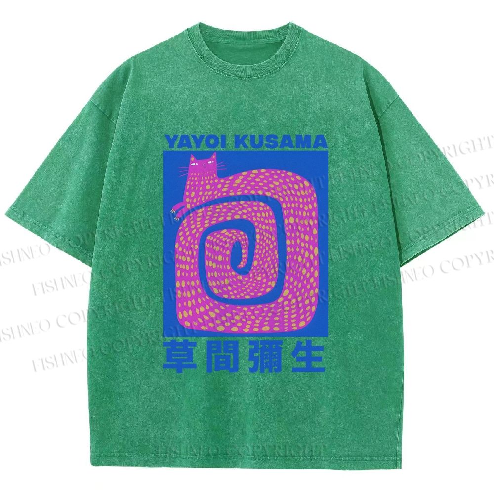 Unisex Yayoi Kusama Pink Cat in Circle Printed Washed Tee