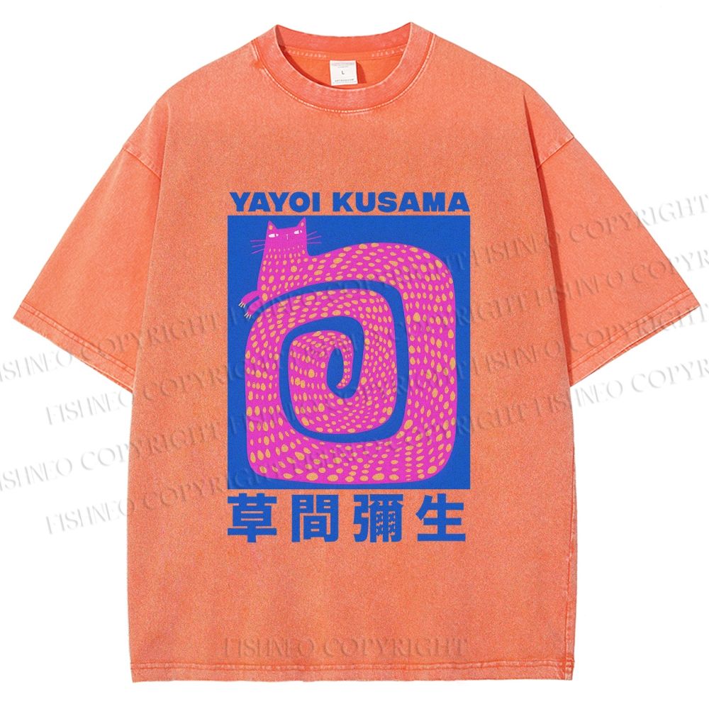 Unisex Yayoi Kusama Pink Cat in Circle Printed Washed Tee