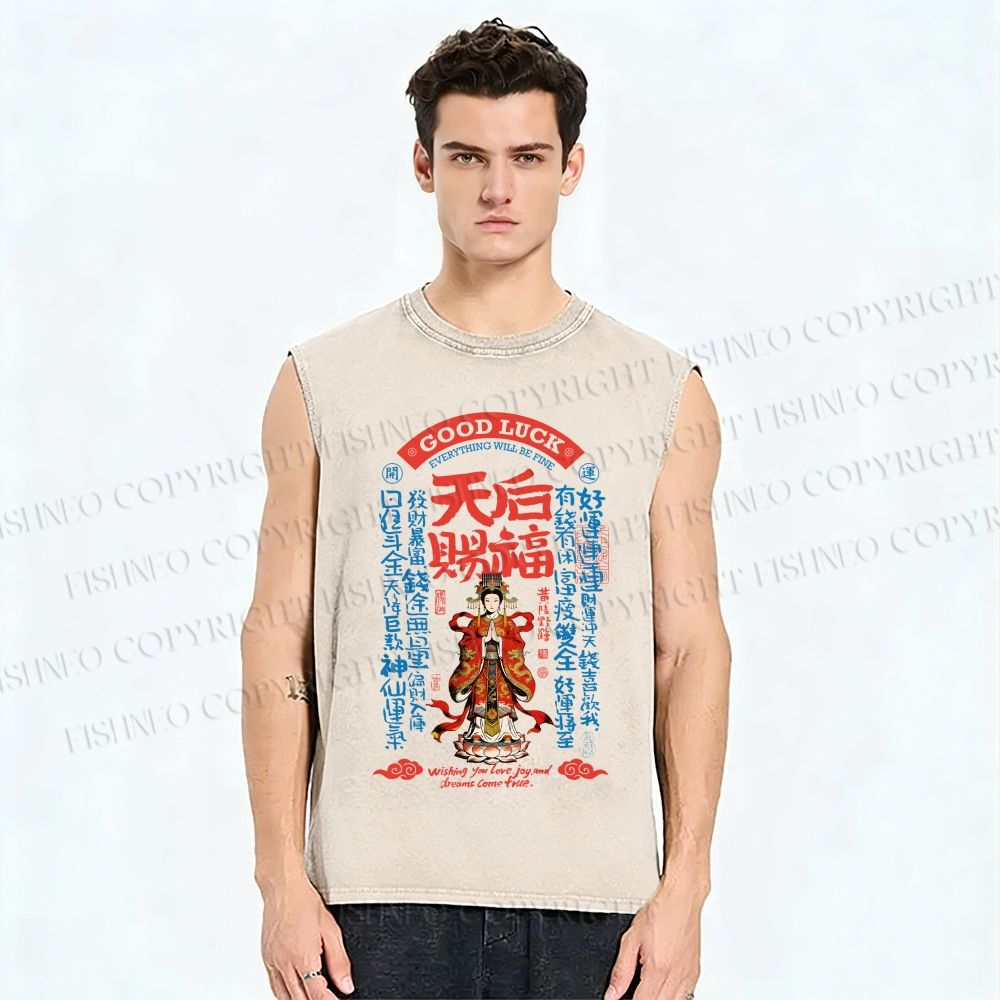 Unisex Good Luck Printed Washed Tank Top