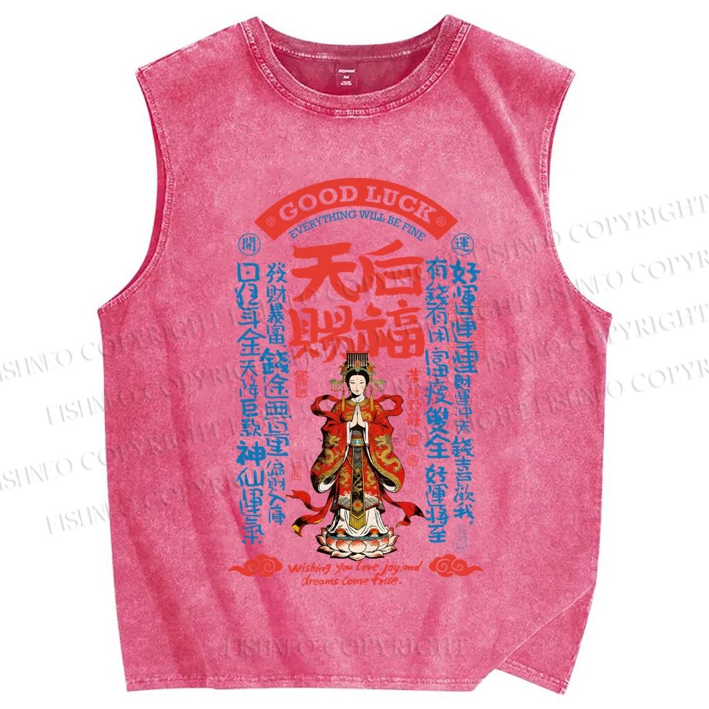 Unisex Good Luck Printed Washed Tank Top
