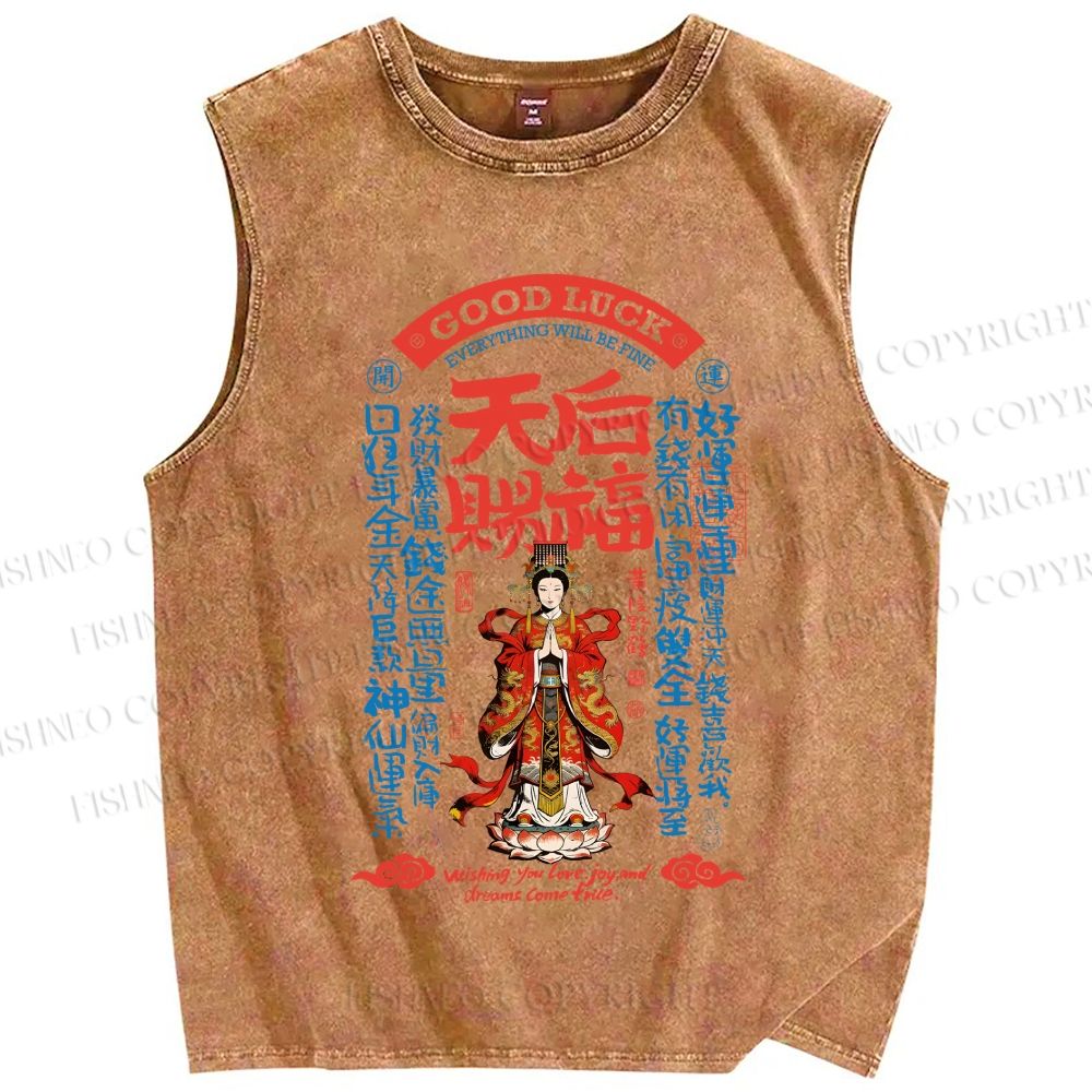 Unisex Good Luck Printed Washed Tank Top