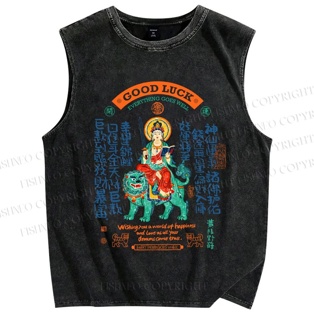 Unisex Good Luck Printed Washed Tank Top