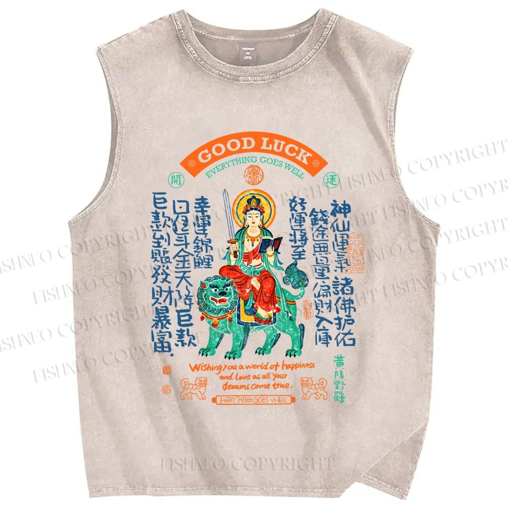 Unisex Good Luck Printed Washed Tank Top