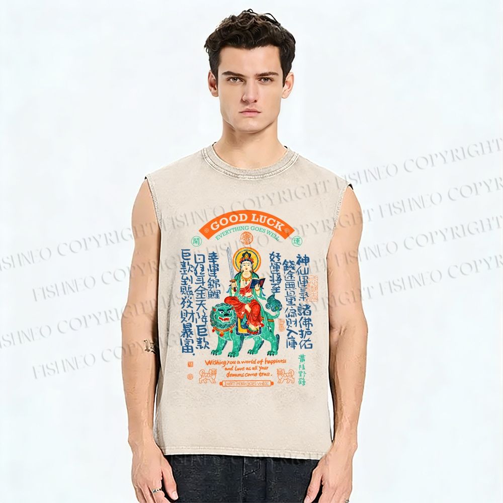 Unisex Good Luck Printed Washed Tank Top