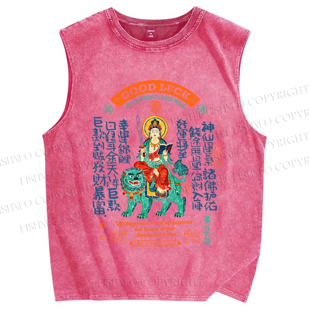 Unisex Good Luck Printed Washed Tank Top