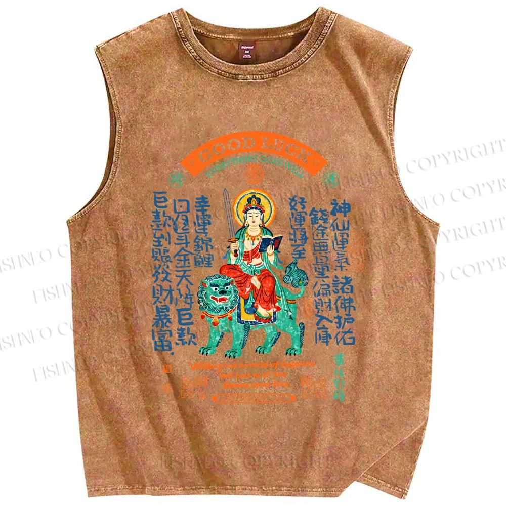 Unisex Good Luck Printed Washed Tank Top