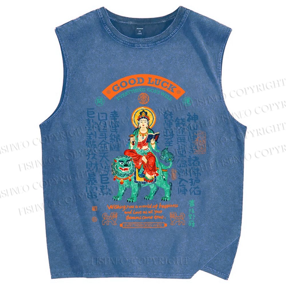 Unisex Good Luck Printed Washed Tank Top