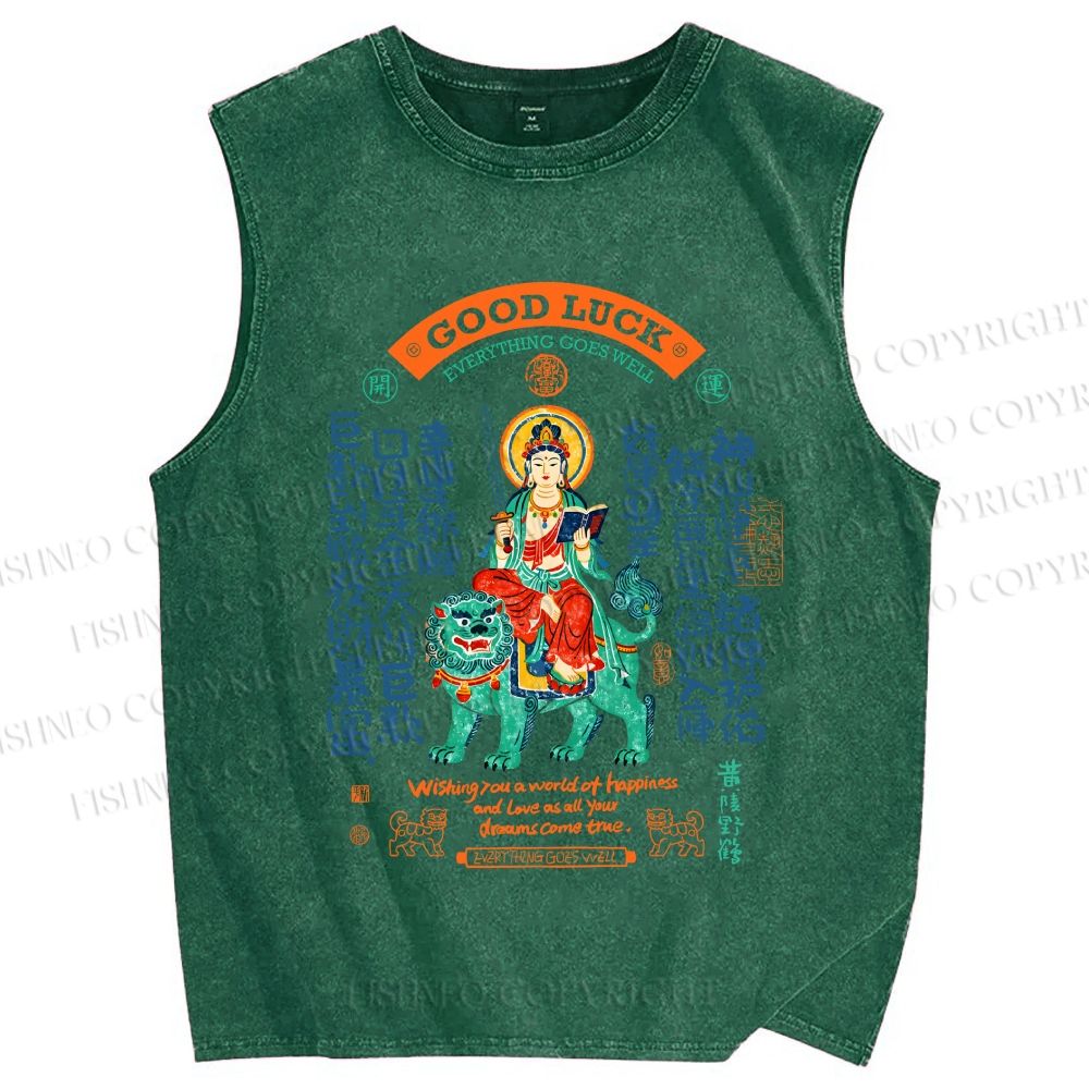 Unisex Good Luck Printed Washed Tank Top