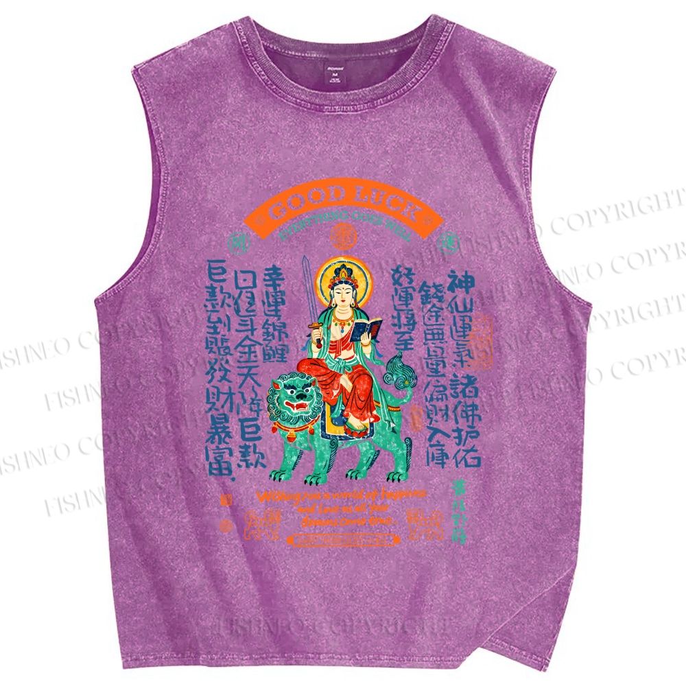 Unisex Good Luck Printed Washed Tank Top