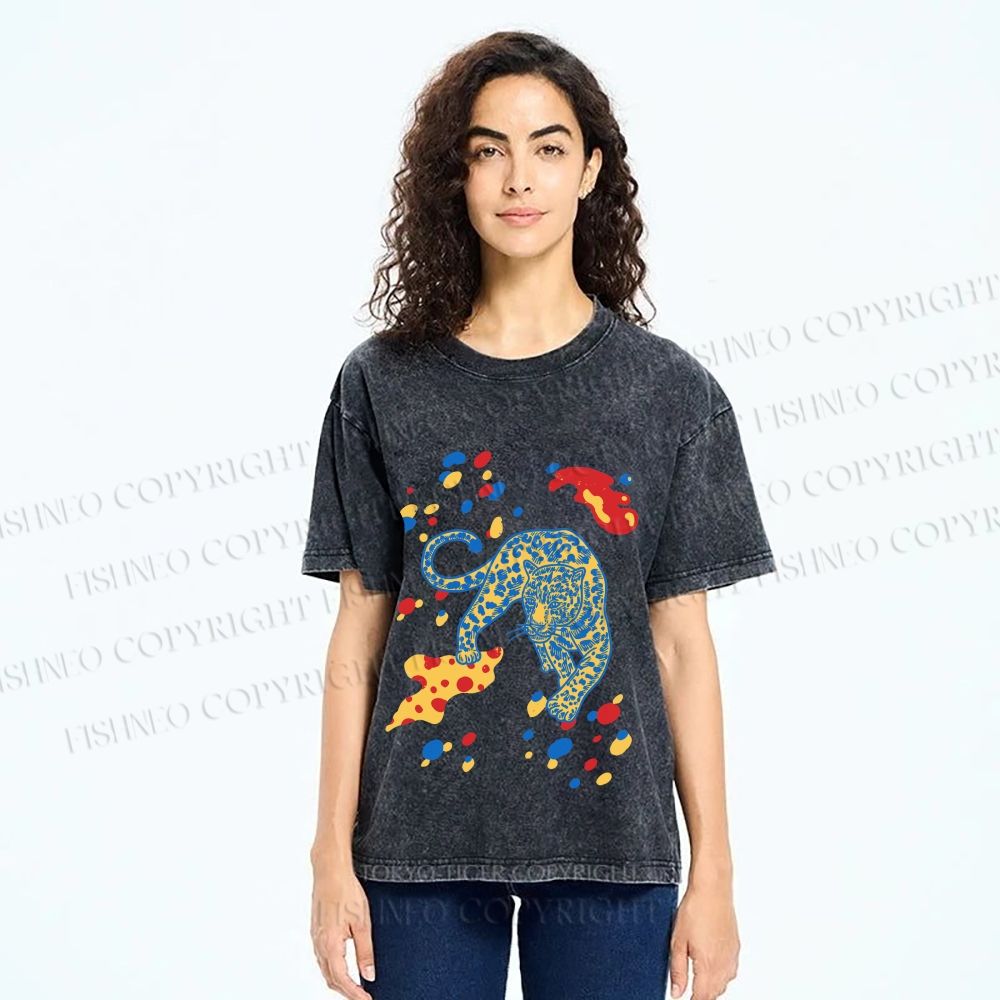 Unisex Splash Color Leopard Printed Washed Tee