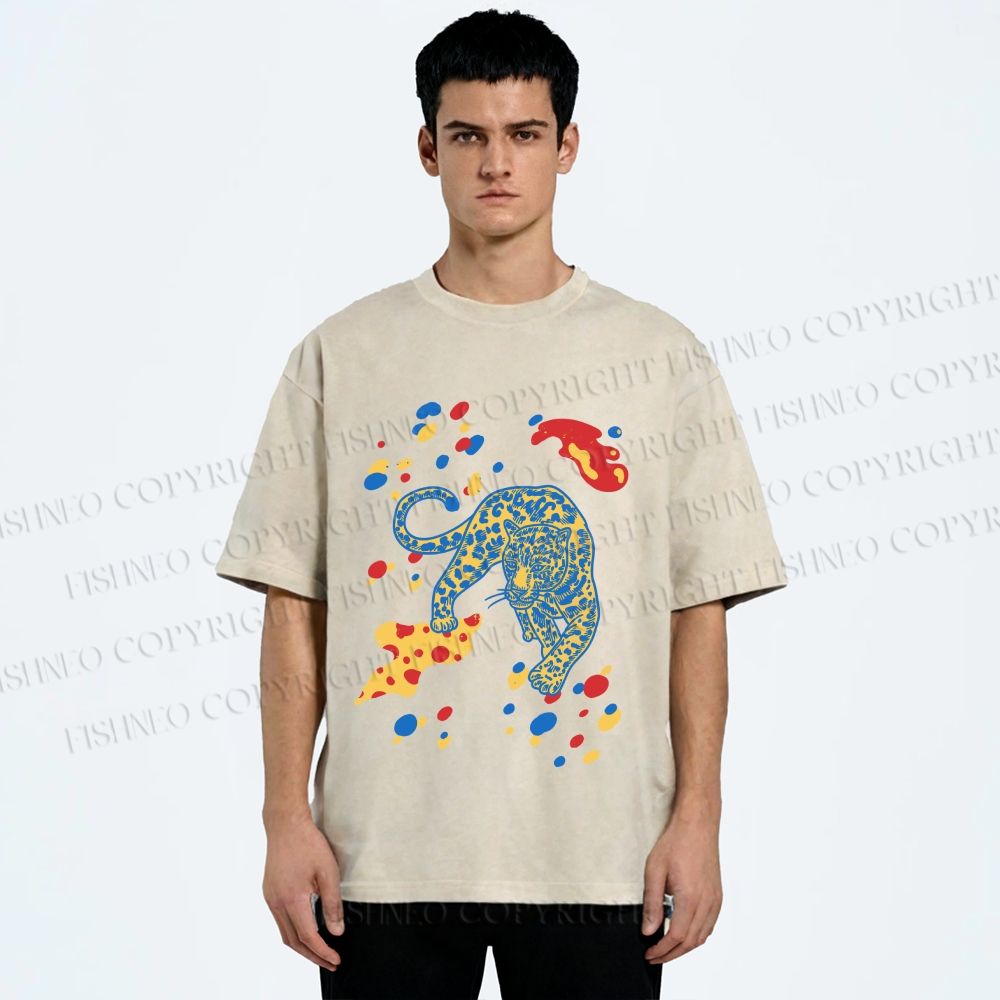 Unisex Splash Color Leopard Printed Washed Tee