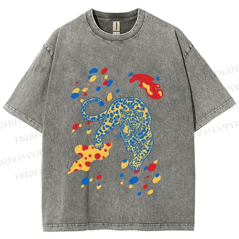 Unisex Splash Color Leopard Printed Washed Tee