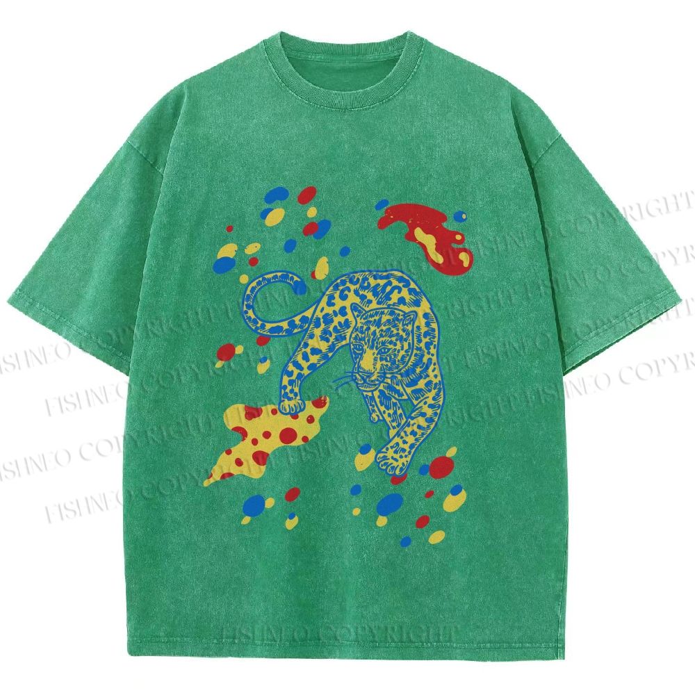 Unisex Splash Color Leopard Printed Washed Tee