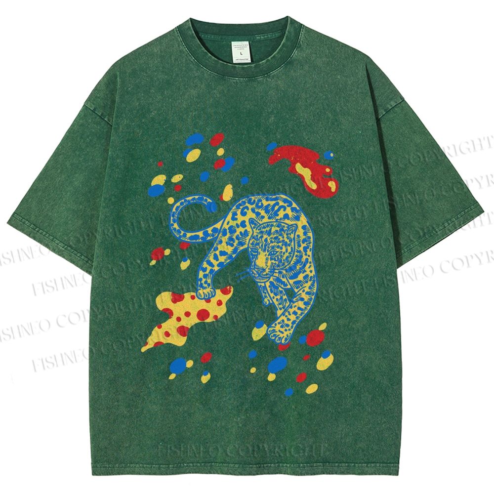 Unisex Splash Color Leopard Printed Washed Tee