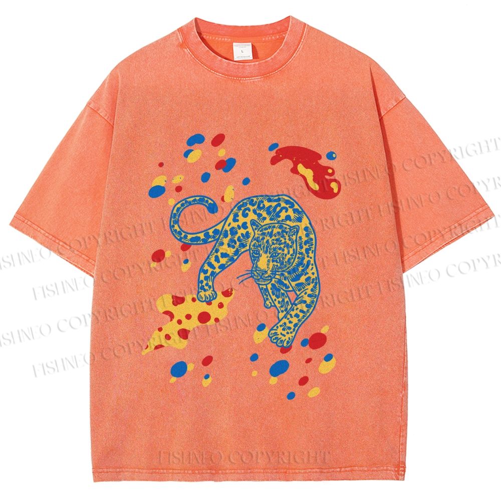 Unisex Splash Color Leopard Printed Washed Tee