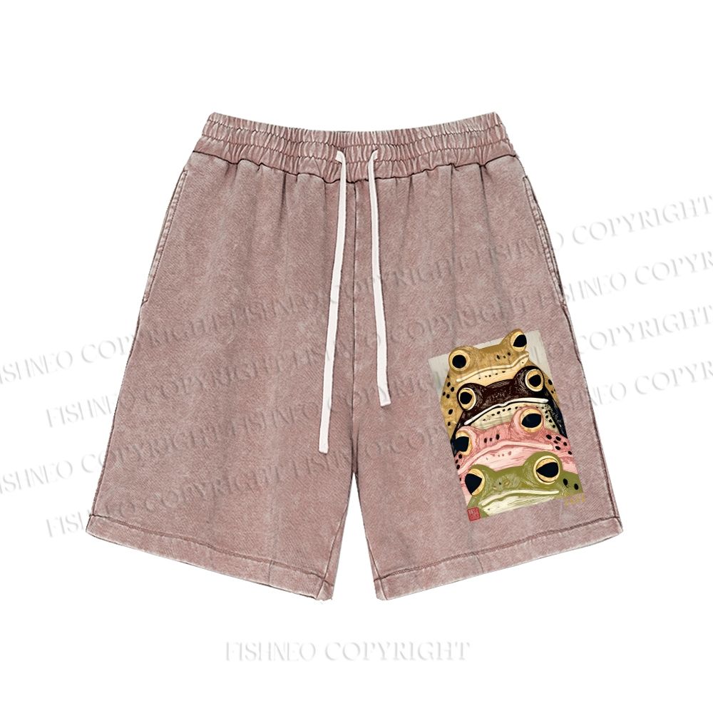 Unisex Whimsical Multi Colored Frog Art Washed Shorts