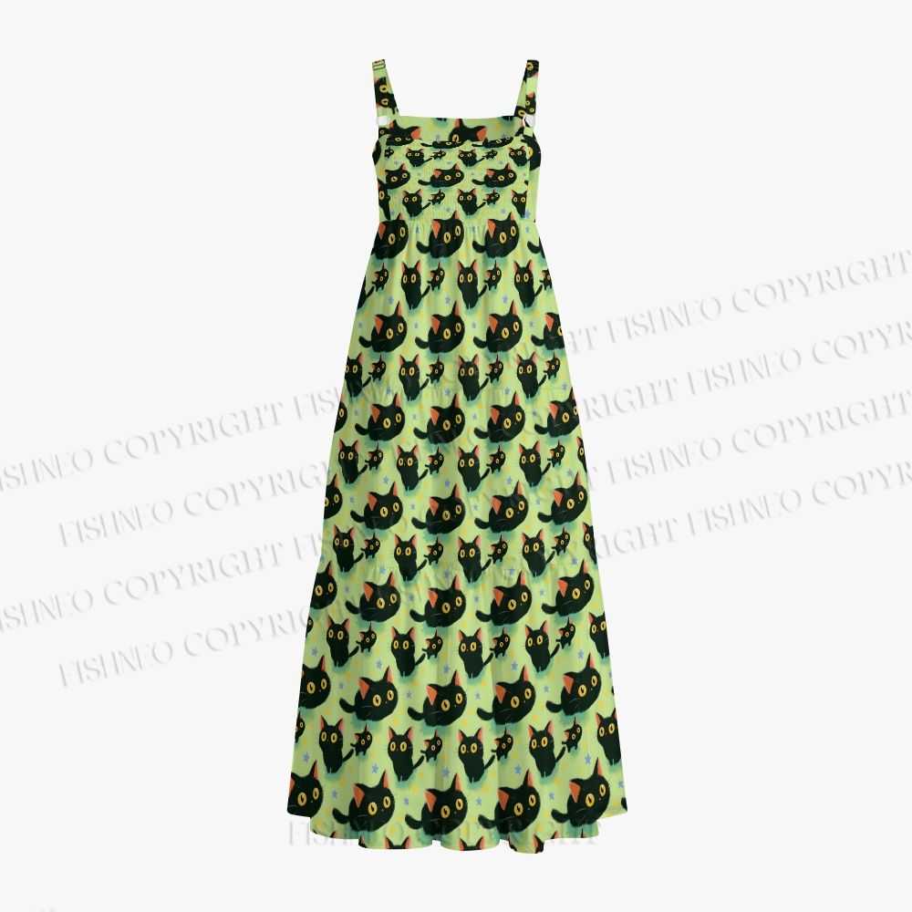 Cute Black Cat Printed Maxi Dresses