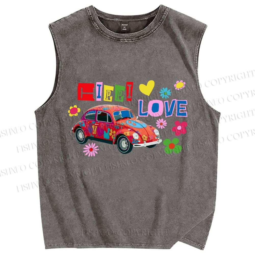 Unisex Vintage Beetle Car Printed Washed Tank Top