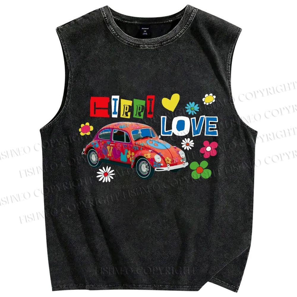 Unisex Vintage Beetle Car Printed Washed Tank Top
