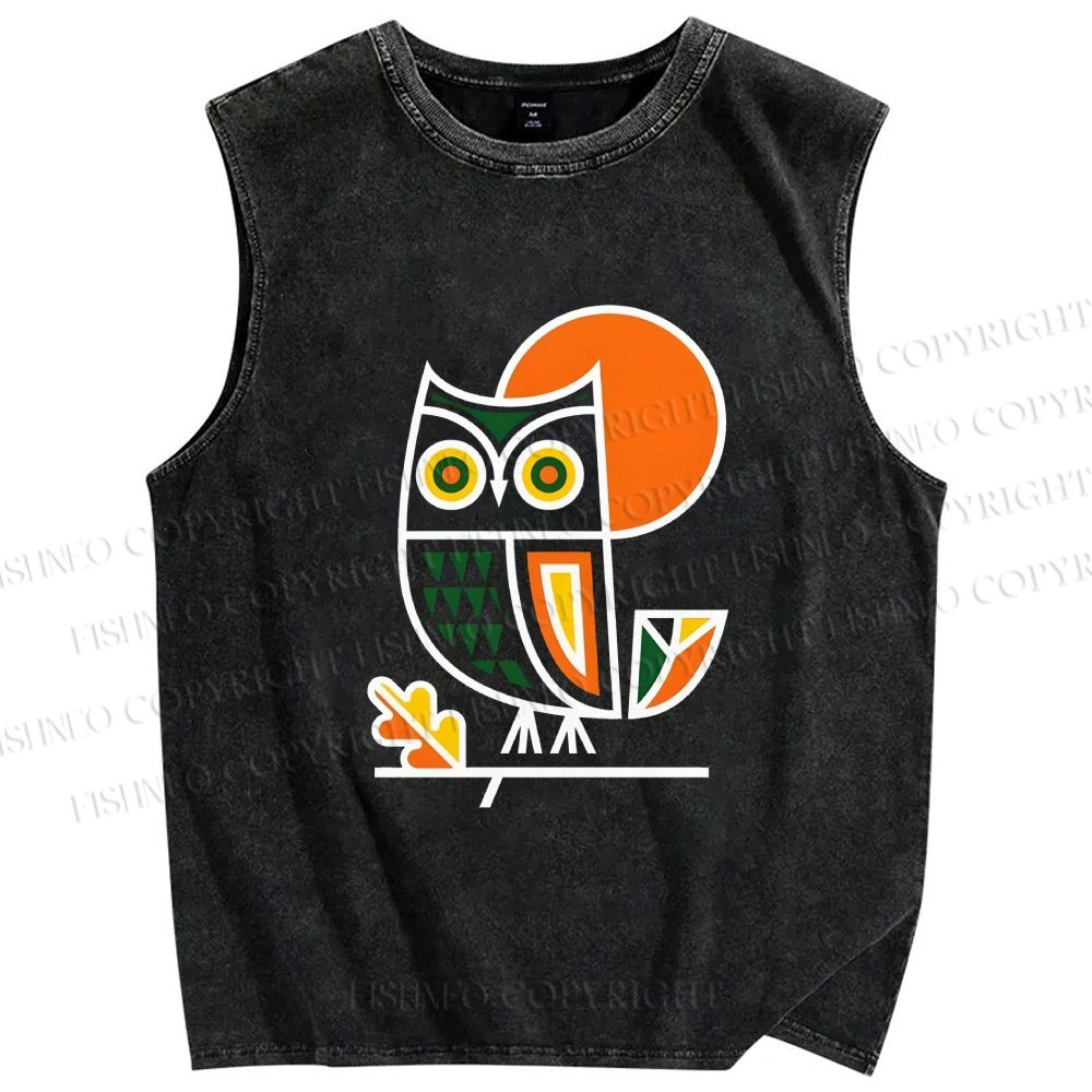Unisex Geometric Owl Printed Washed Tank Top