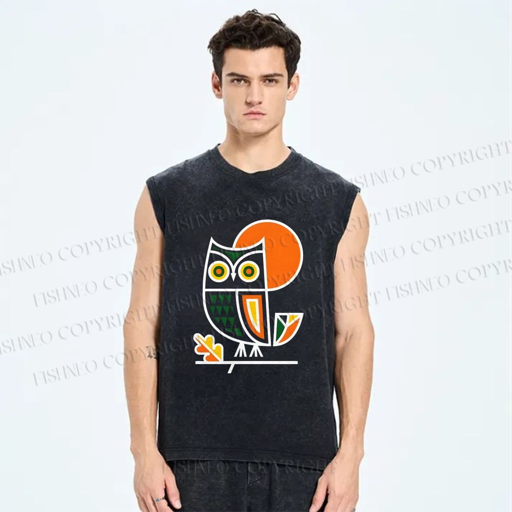 Unisex Geometric Owl Printed Washed Tank Top