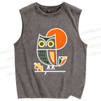 Unisex Geometric Owl Printed Washed Tank Top