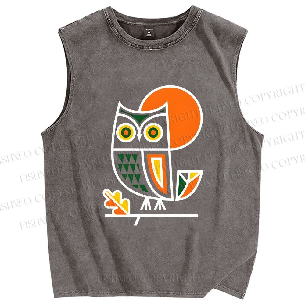 Unisex Geometric Owl Printed Washed Tank Top