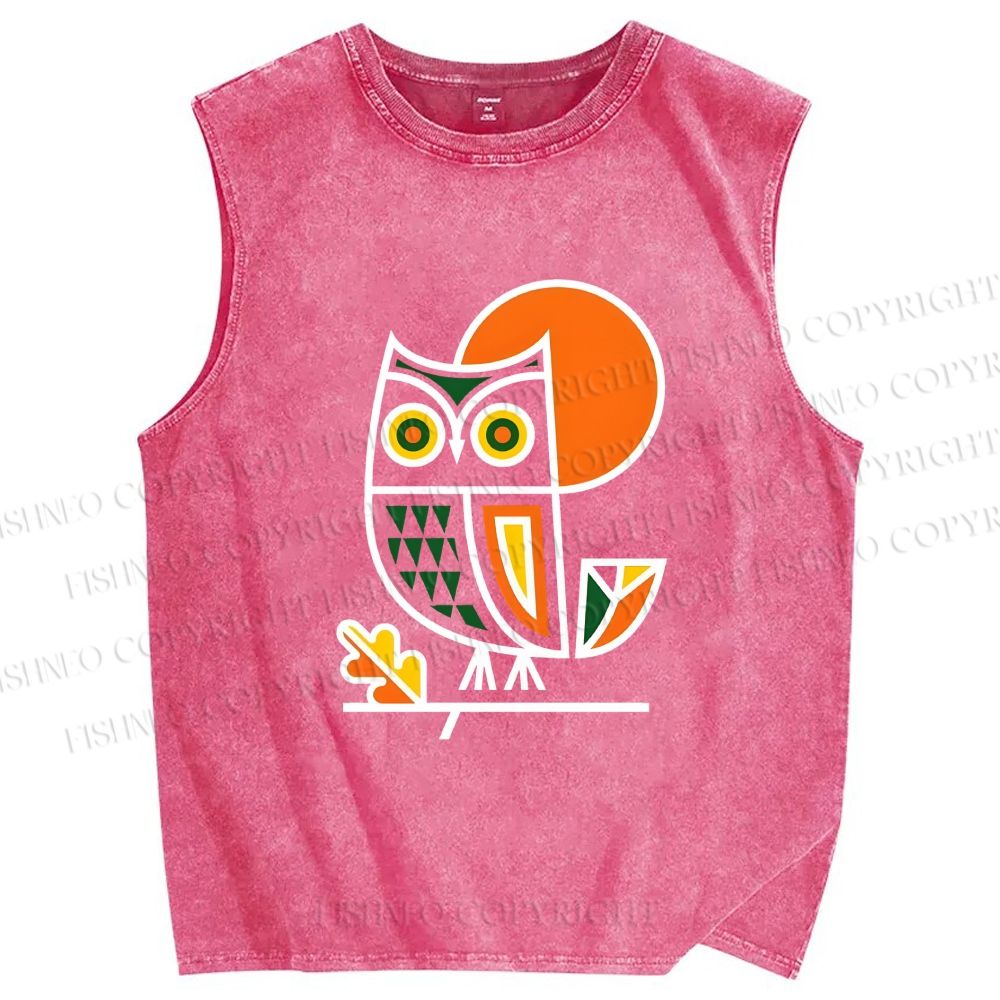 Unisex Geometric Owl Printed Washed Tank Top