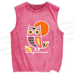 Unisex Geometric Owl Printed Washed Tank Top