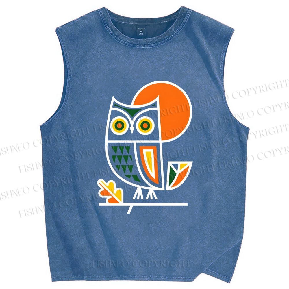 Unisex Geometric Owl Printed Washed Tank Top