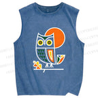 Unisex Geometric Owl Printed Washed Tank Top