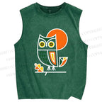 Unisex Geometric Owl Printed Washed Tank Top