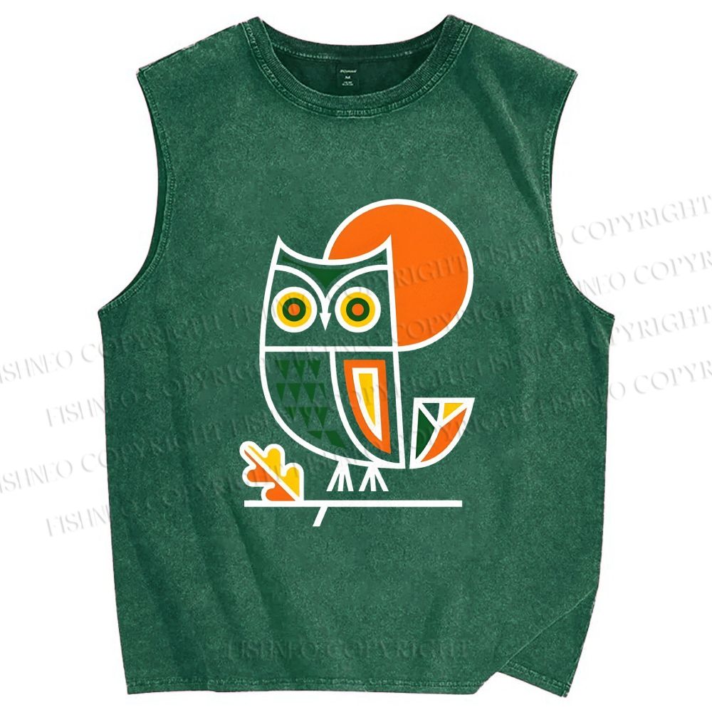 Unisex Geometric Owl Printed Washed Tank Top