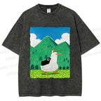 Unisex Chubby Goose With Crow Bird in Valley Printed Washed Tee