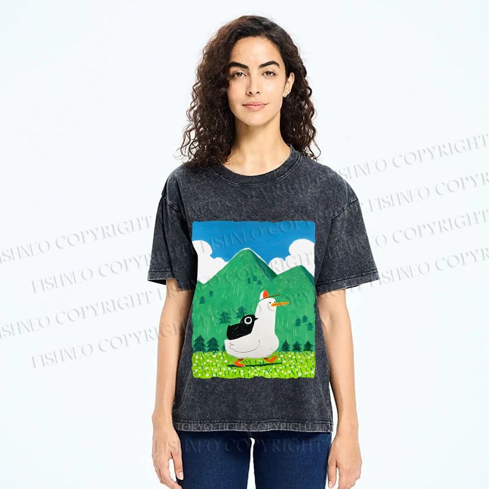 Unisex Chubby Goose With Crow Bird in Valley Printed Washed Tee