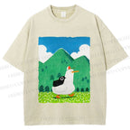 Unisex Chubby Goose With Crow Bird in Valley Printed Washed Tee