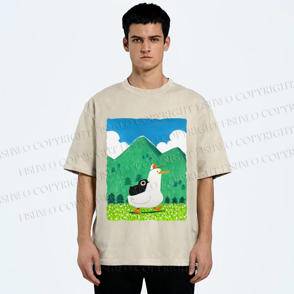 Unisex Chubby Goose With Crow Bird in Valley Printed Washed Tee