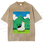 Unisex Chubby Goose With Crow Bird in Valley Printed Washed Tee