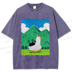 Unisex Chubby Goose With Crow Bird in Valley Printed Washed Tee