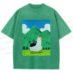 Unisex Chubby Goose With Crow Bird in Valley Printed Washed Tee