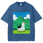Unisex Chubby Goose With Crow Bird in Valley Printed Washed Tee