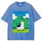Unisex Chubby Goose With Crow Bird in Valley Printed Washed Tee