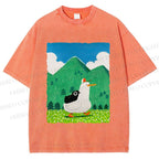 Unisex Chubby Goose With Crow Bird in Valley Printed Washed Tee