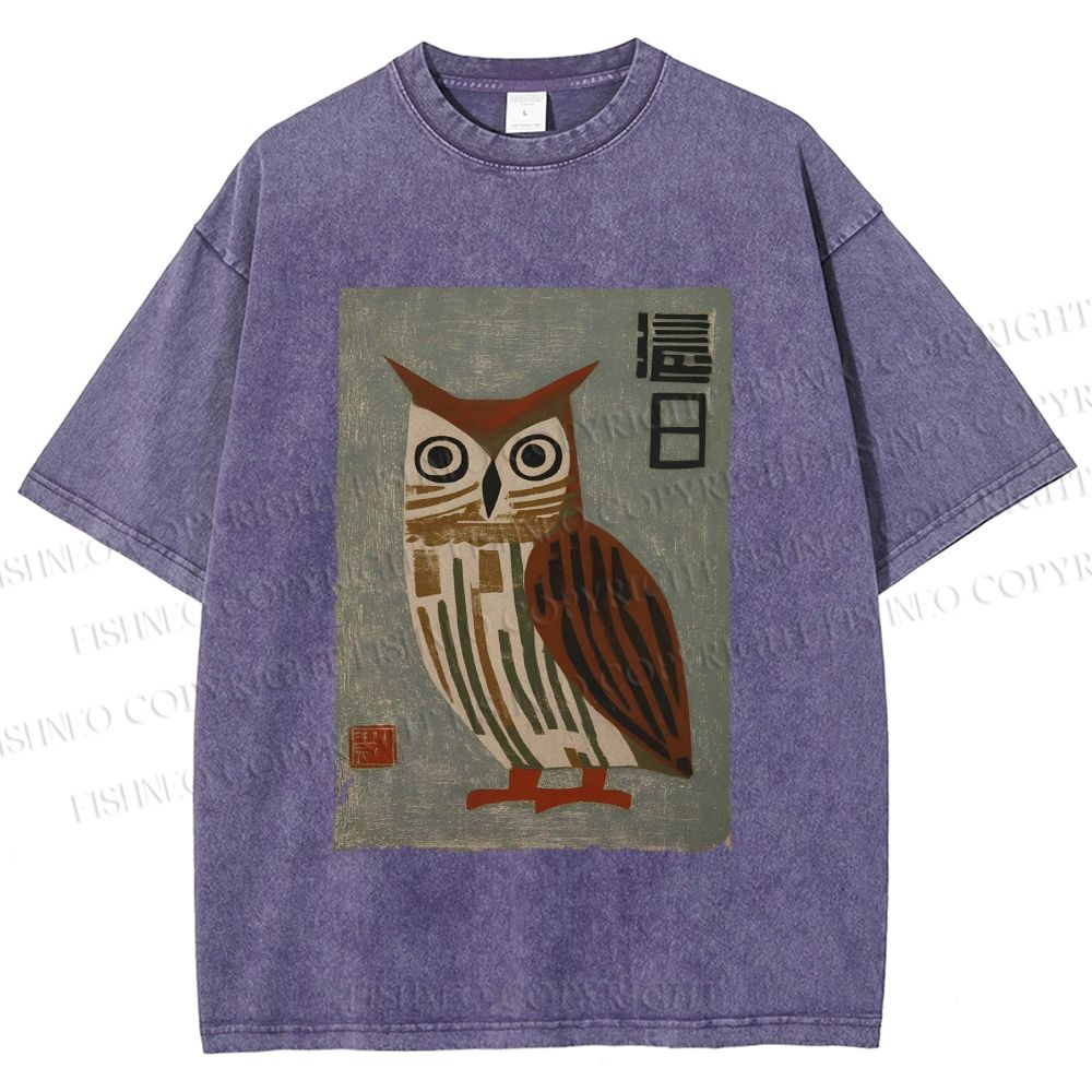 Unisex Vintage Owl Printed Washed Tee