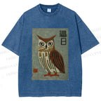 Unisex Vintage Owl Printed Washed Tee
