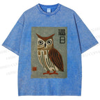 Unisex Vintage Owl Printed Washed Tee